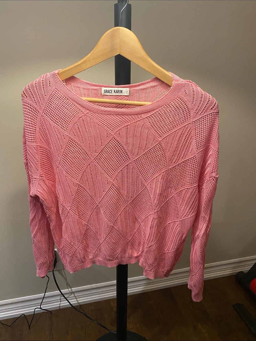 Grace Karin Rose Pink Open-Weave Crewneck Sweater
